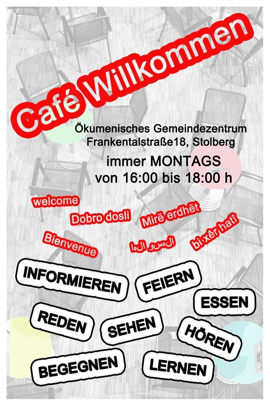 Plakat des Café Willkommen im Ökumenischen Gemeindezentrum
